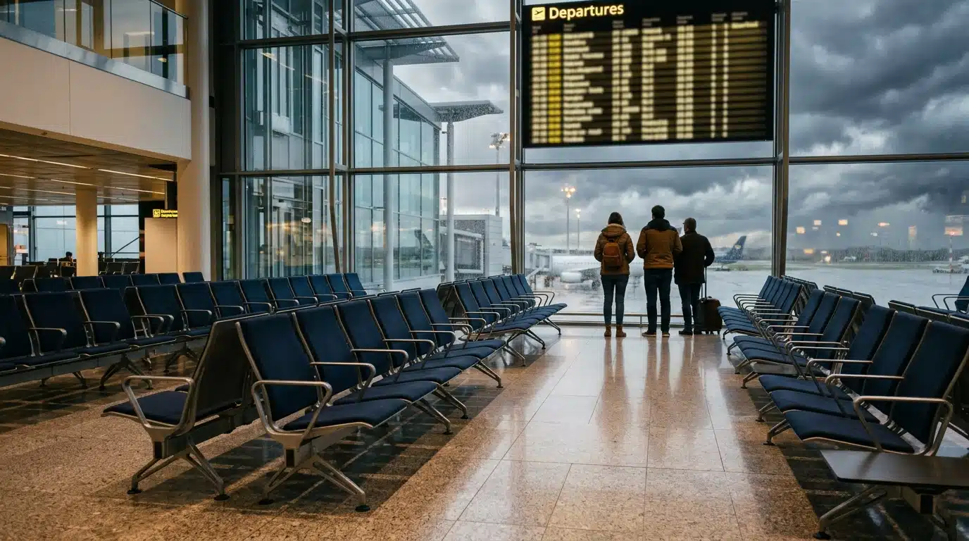 Hall d'aéroport quasi vide sous un ciel orageux