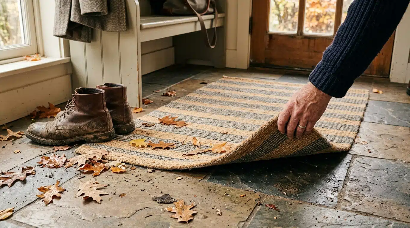 Coin de tapis rayé soulevé dans une entrée