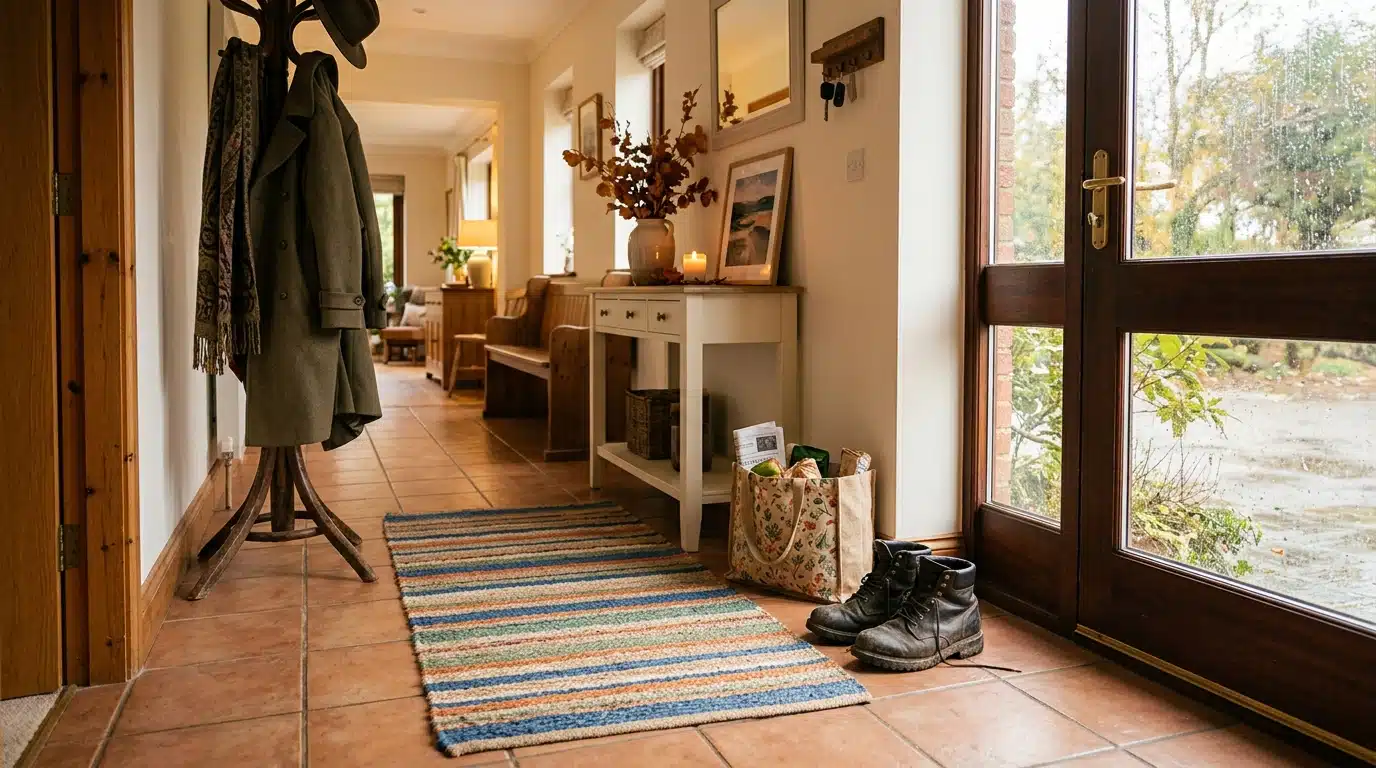 Entrée automnale avec bottines, sac et petit tapis