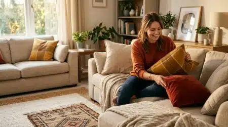 Femme échangeant plaids et coussins dans un salon d'automne