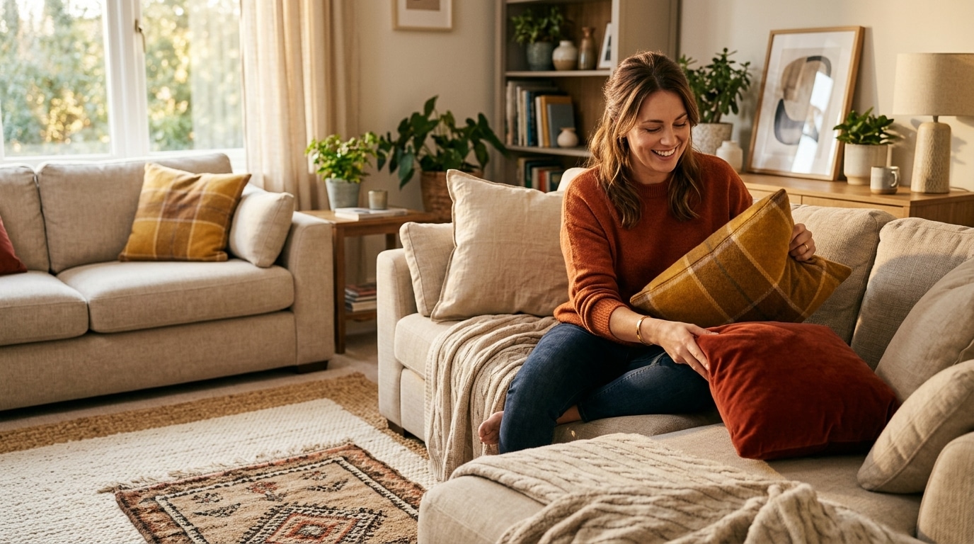 Femme échangeant plaids et coussins dans un salon d'automne