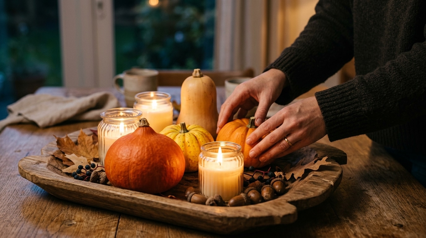 Courges et bougies en décoration de table d'automne