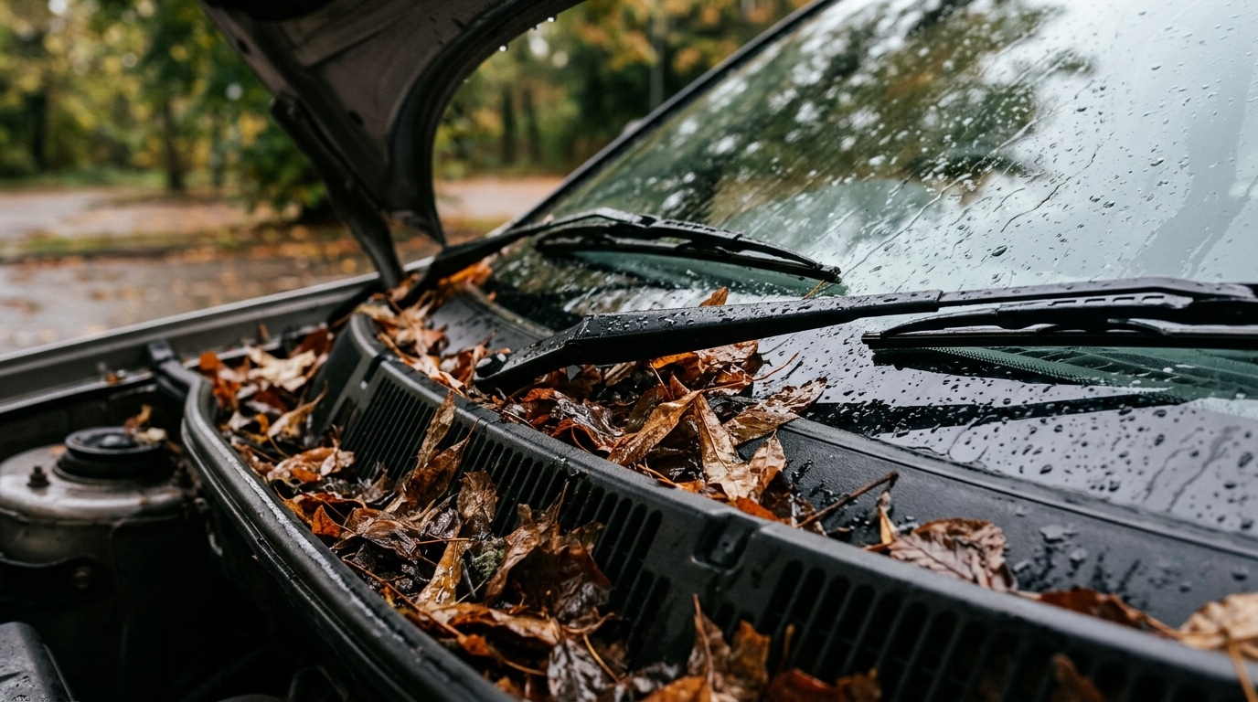 Grille de pare-brise remplie de feuilles de tilleul mouillées