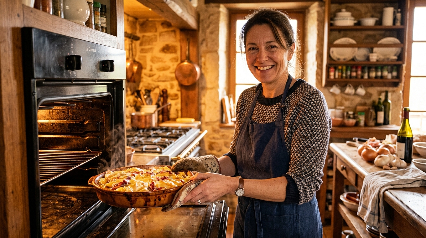 Femme sortant une tartiflette dorée du four