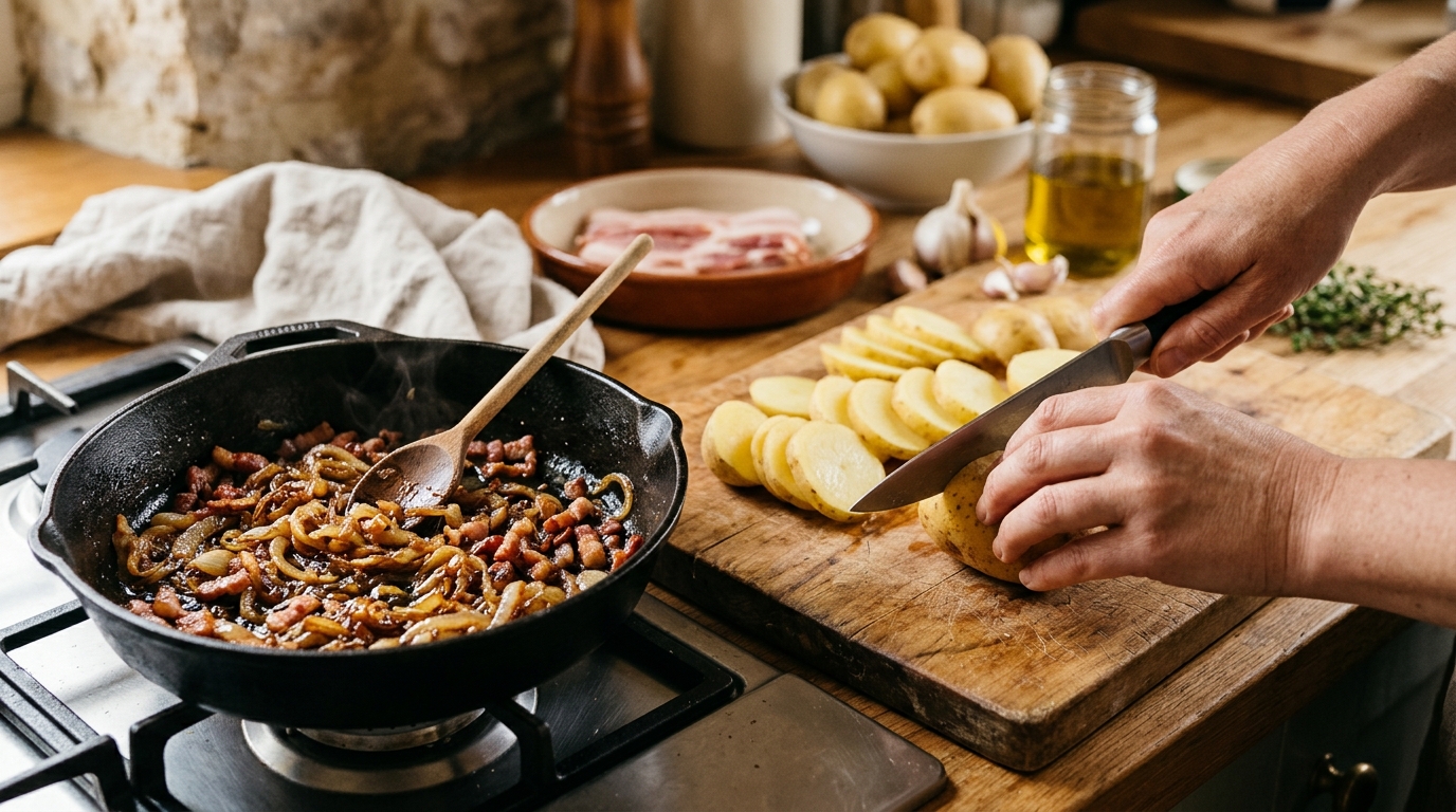 Pommes de terre en rondelles, oignons et lardons dans la poêle