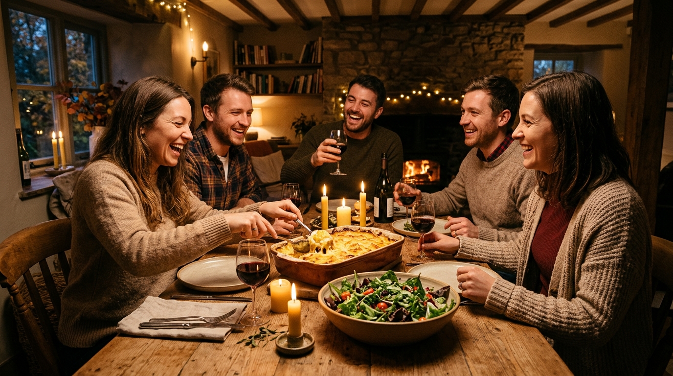 Amis réunis autour d'une tartiflette fumante