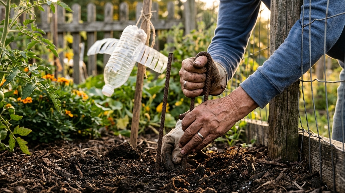 Mains enfonçant un piquet métallique dans la terre du potager