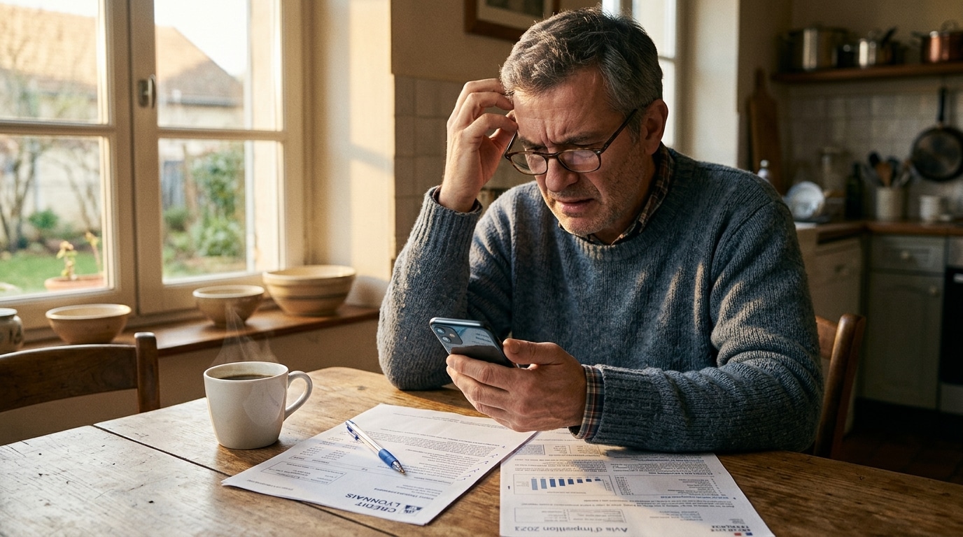 Propriétaire inquiet vérifiant son prélèvement sur son téléphone
