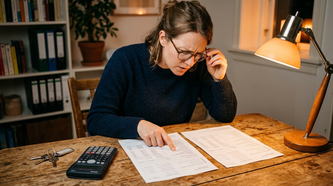 Femme comparant deux avis d'impôt presque identiques