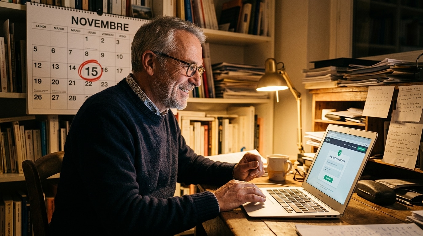 Homme validant un paiement en ligne devant son calendrier