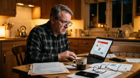 Propriétaire inquiet devant un mail suspect sur son ordinateur