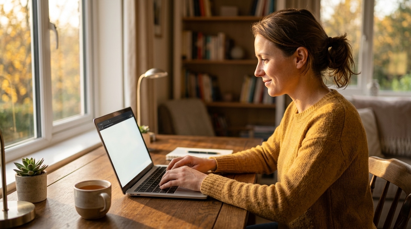 Femme tapant l'adresse officielle des impôts dans son navigateur