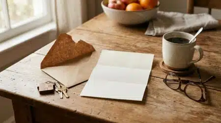 Enveloppe ouverte, lunettes et clés posées sur une table