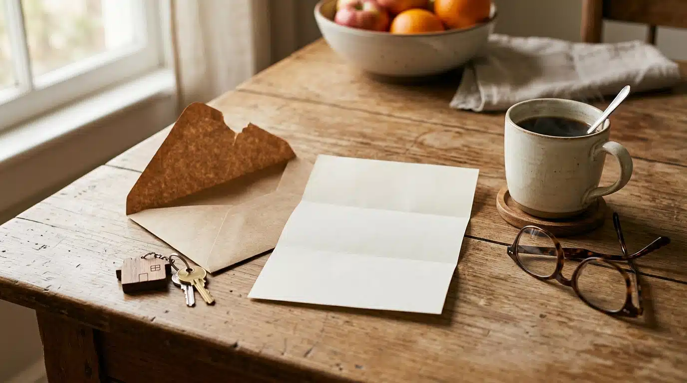 Enveloppe ouverte, lunettes et clés posées sur une table