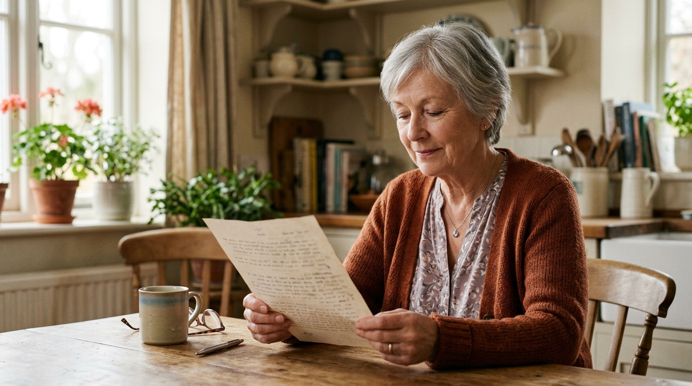 Retraité concentré lisant un document dans sa cuisine
