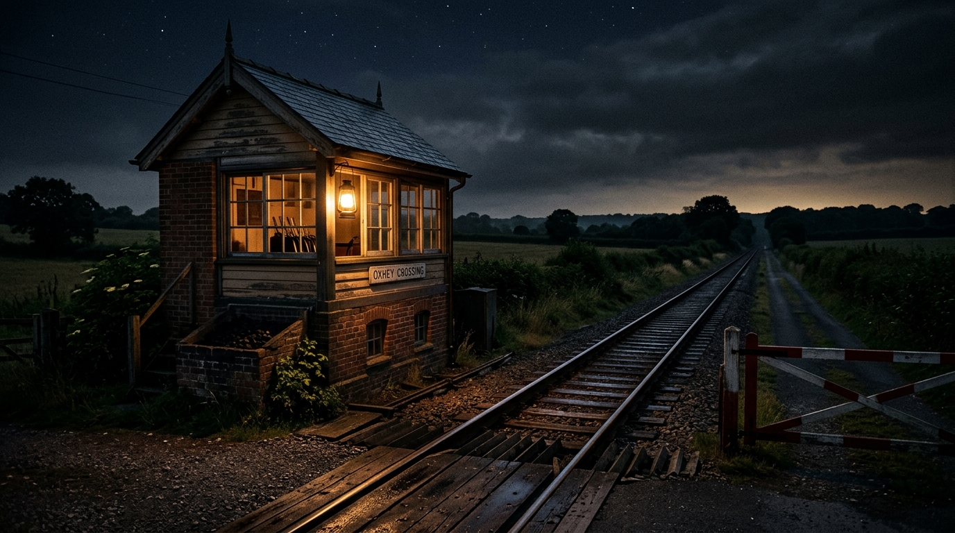 Petit poste d'aiguillage de nuit éclairé en pleine campagne