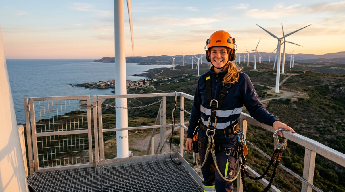 Technicienne de maintenance éolienne souriante devant un parc d'éoliennes