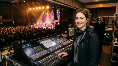 Technicienne son souriante derrière sa console de mixage