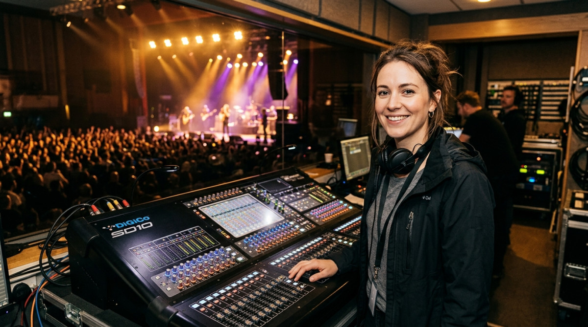 Technicienne son souriante derrière sa console de mixage