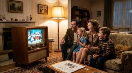 Famille française devant un téléviseur couleur des années 1960