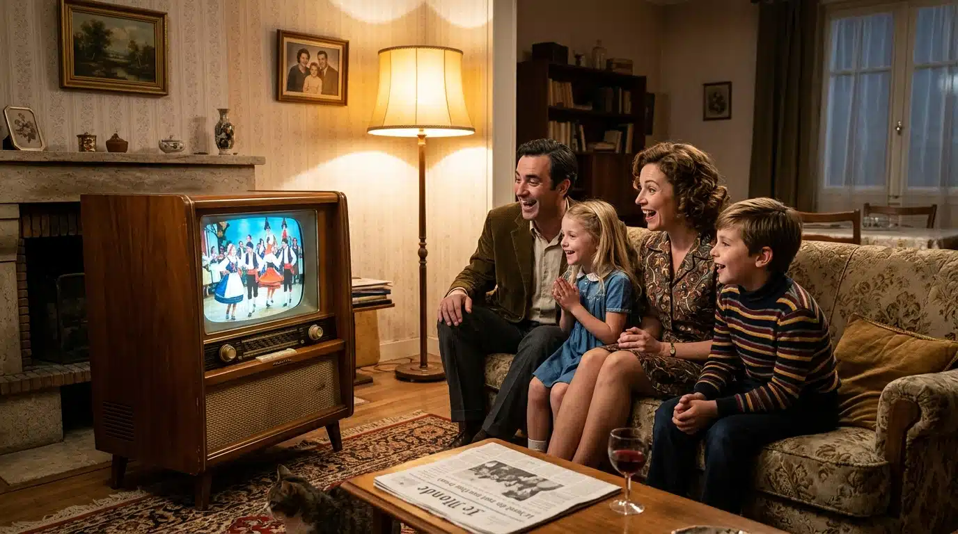 Famille française devant un téléviseur couleur des années 1960