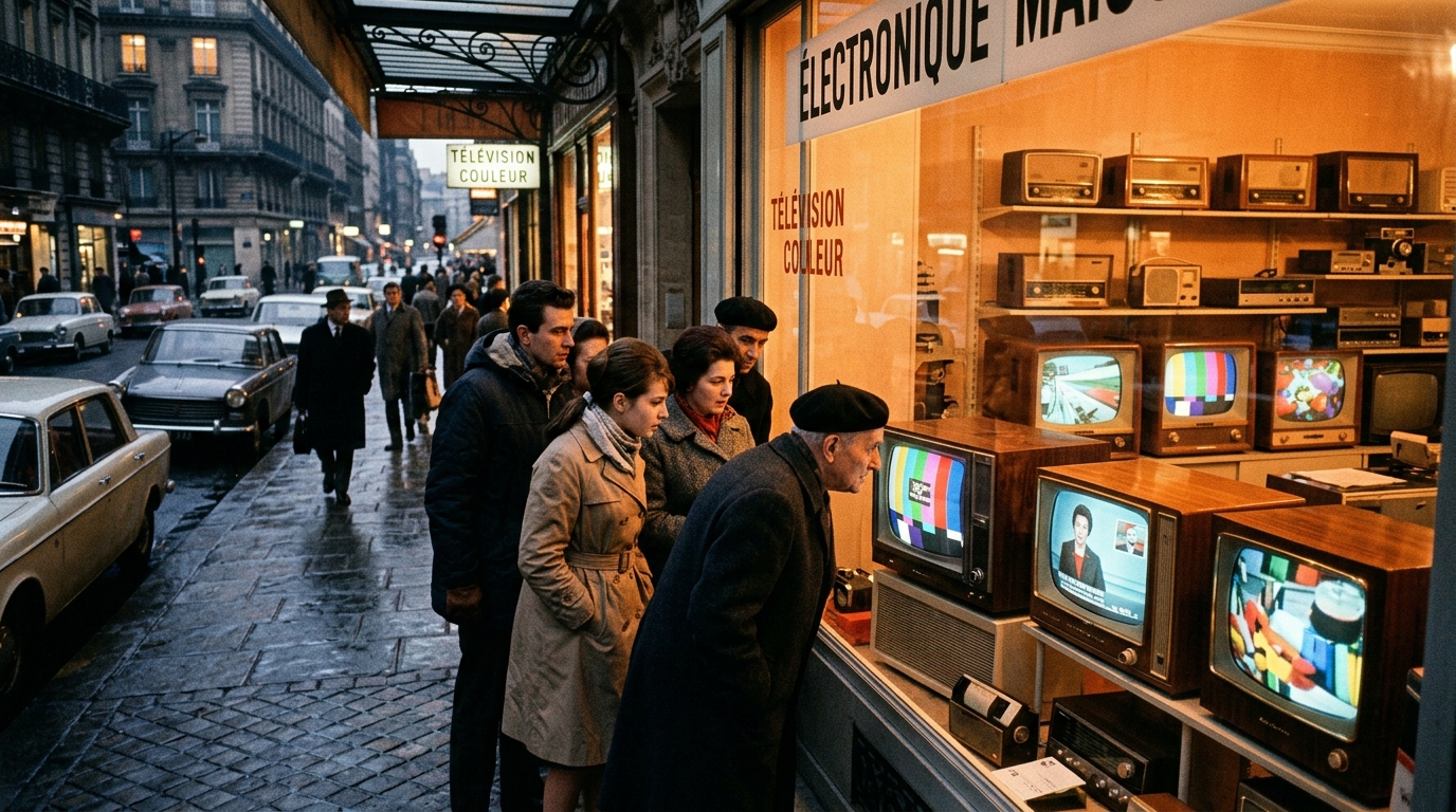 Vitrine de magasin avec téléviseurs couleur dans les années 1960