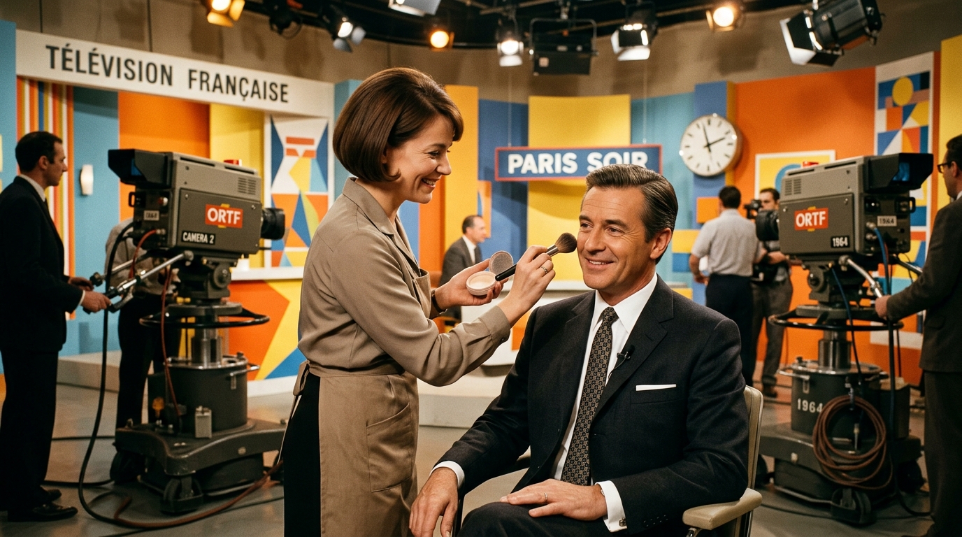 Maquillage d'un présentateur dans un studio de télévision d'époque