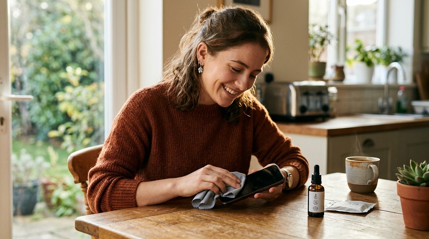 Femme nettoyant l'écran de son smartphone avec une microfibre