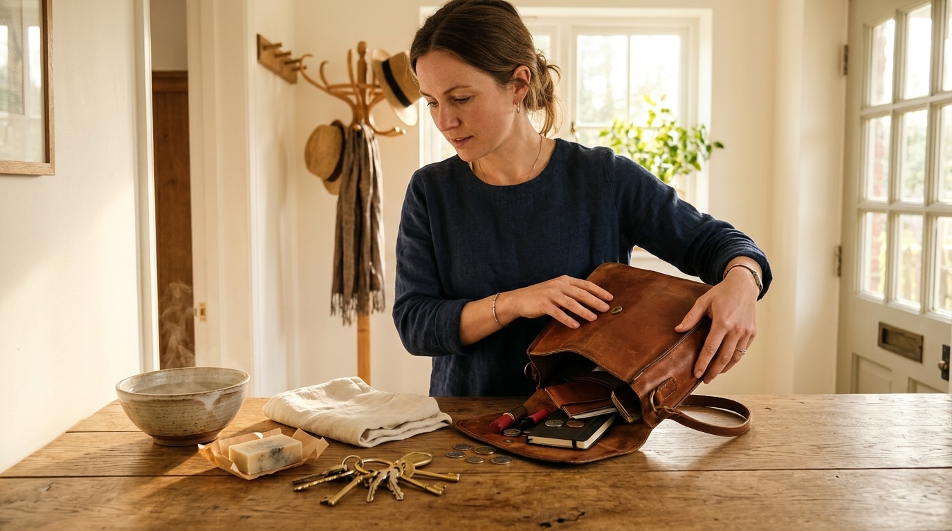 Sac à main vidé sur une table avec clés et chiffon
