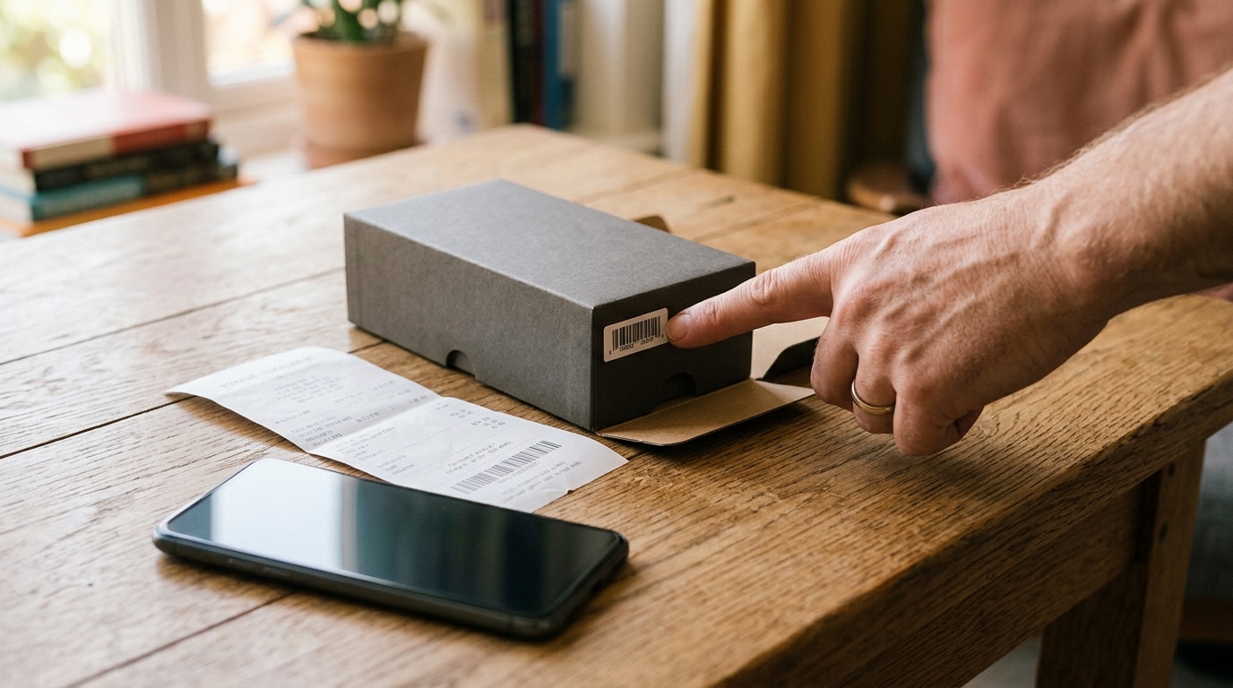 Boîte de smartphone et facture posées sur une table en bois