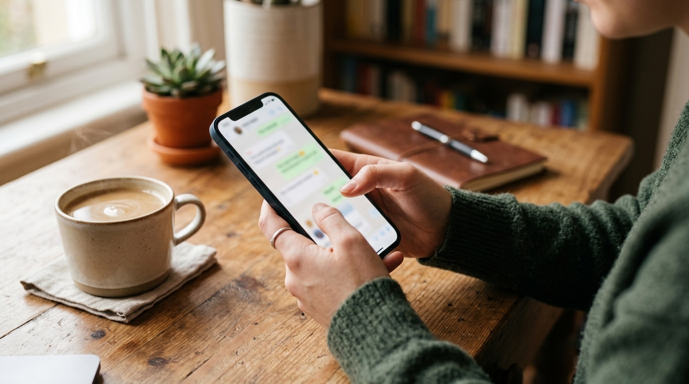 Pouces faisant défiler une messagerie sur un smartphone, tasse de café
