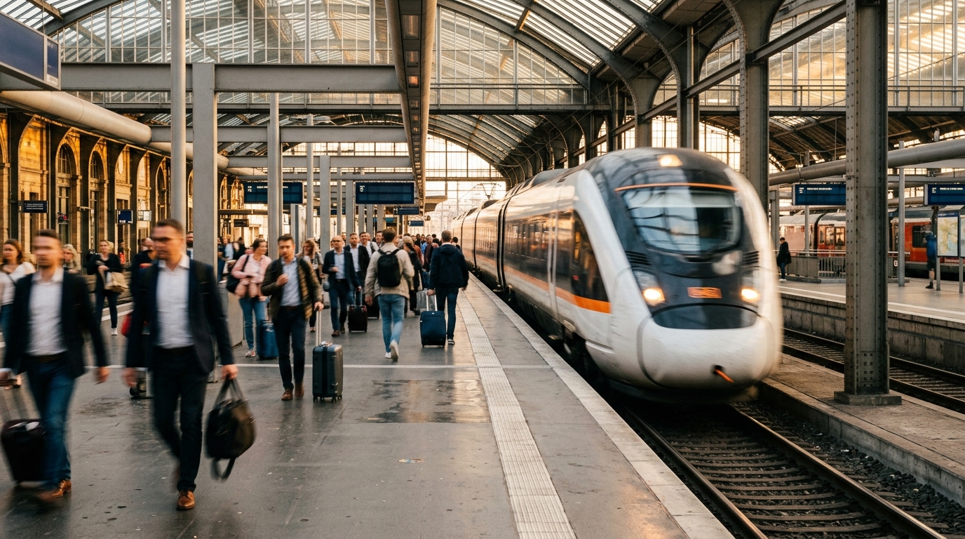 TGV filant en gare à la lumière dorée
