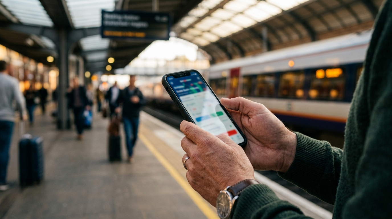 Mains tenant un smartphone dans une gare