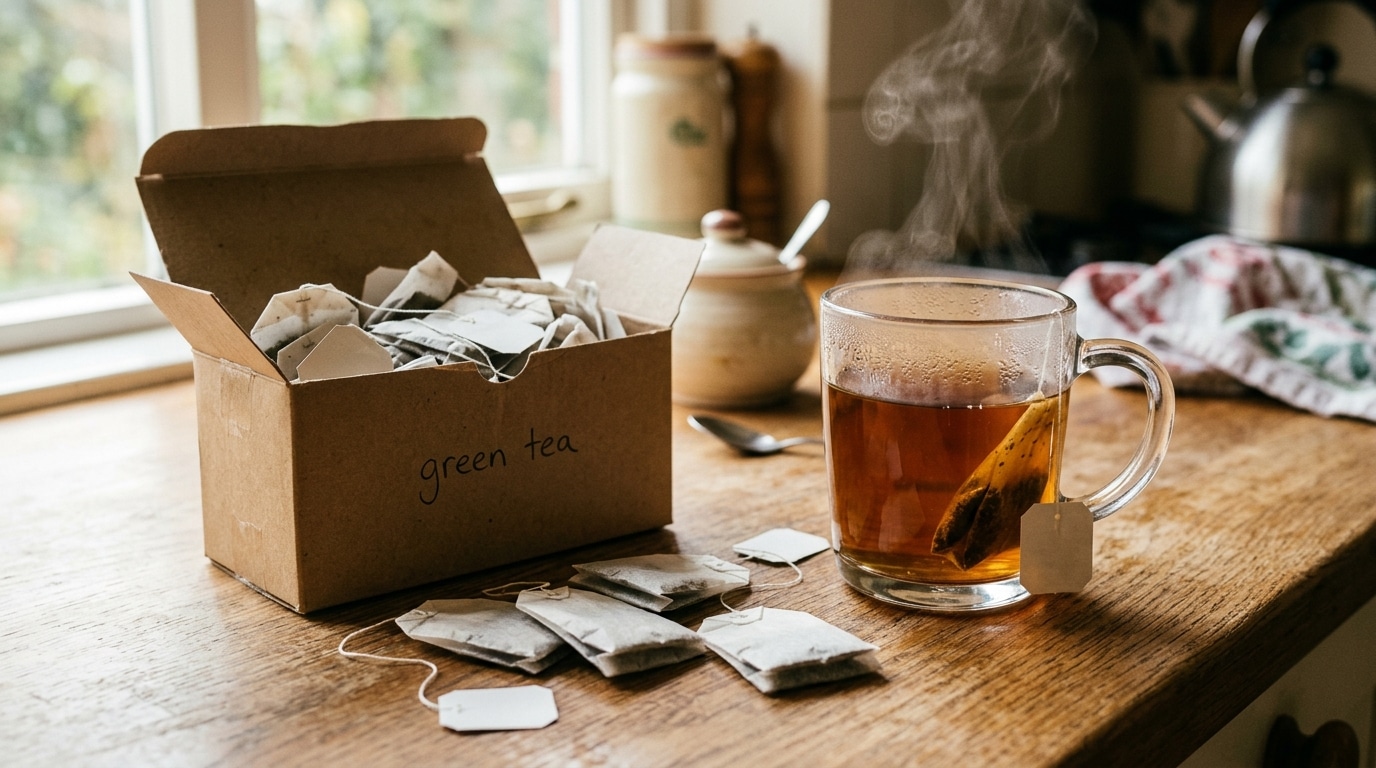 Boîte de sachets de thé vert et tasse fumante