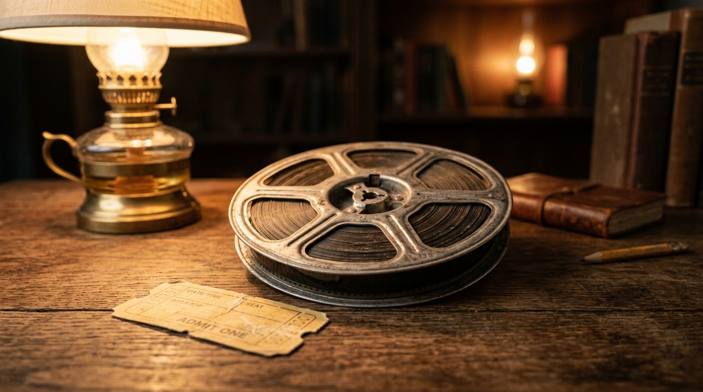 Bobine de film ancienne posée sur une table en bois