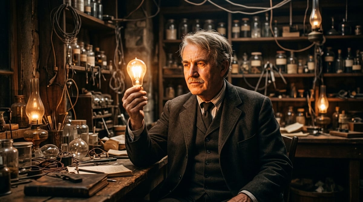 Thomas Edison tenant une ampoule dans son atelier