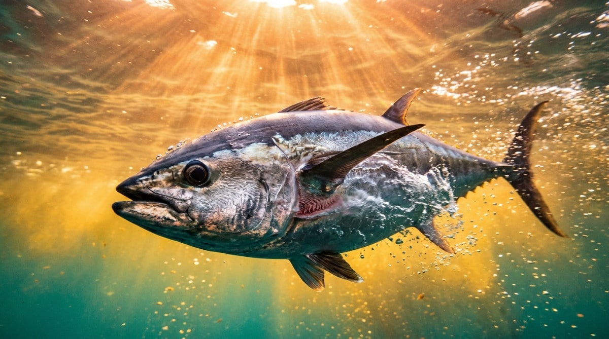 Thon nageant vite dans l'océan, branchies traversées par l'eau
