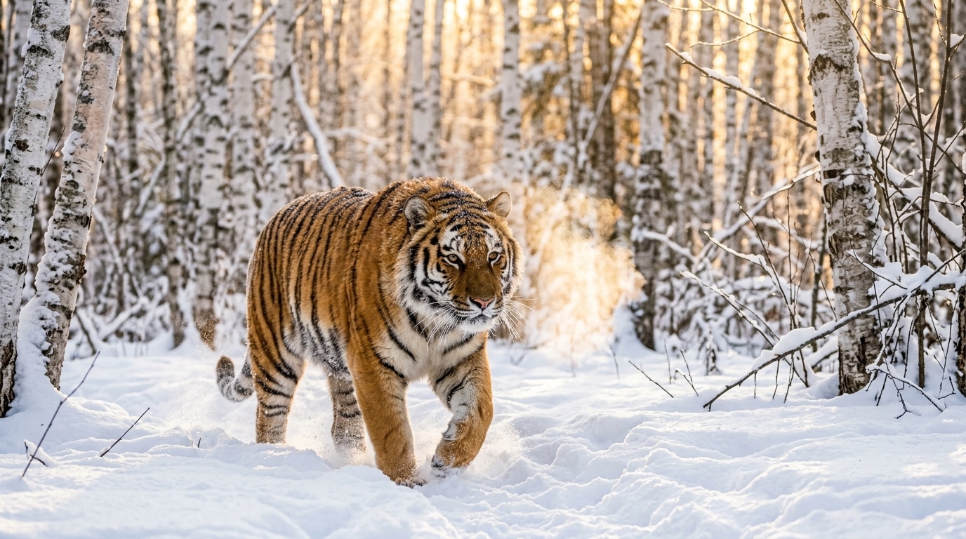 Tigre de Sibérie marchant dans la neige au lever du jour