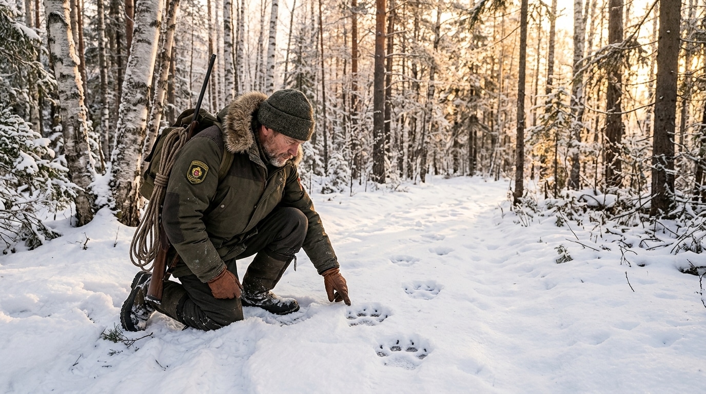 Garde forestier observant des traces de tigre dans la neige