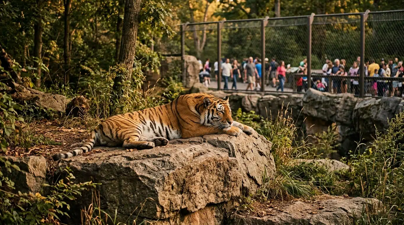 Tigre de Sibérie au repos derrière une barrière