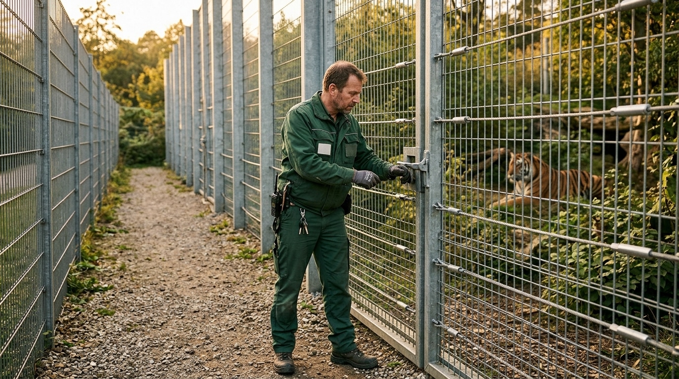 Soigneur vérifiant la clôture de l'enclos du tigre