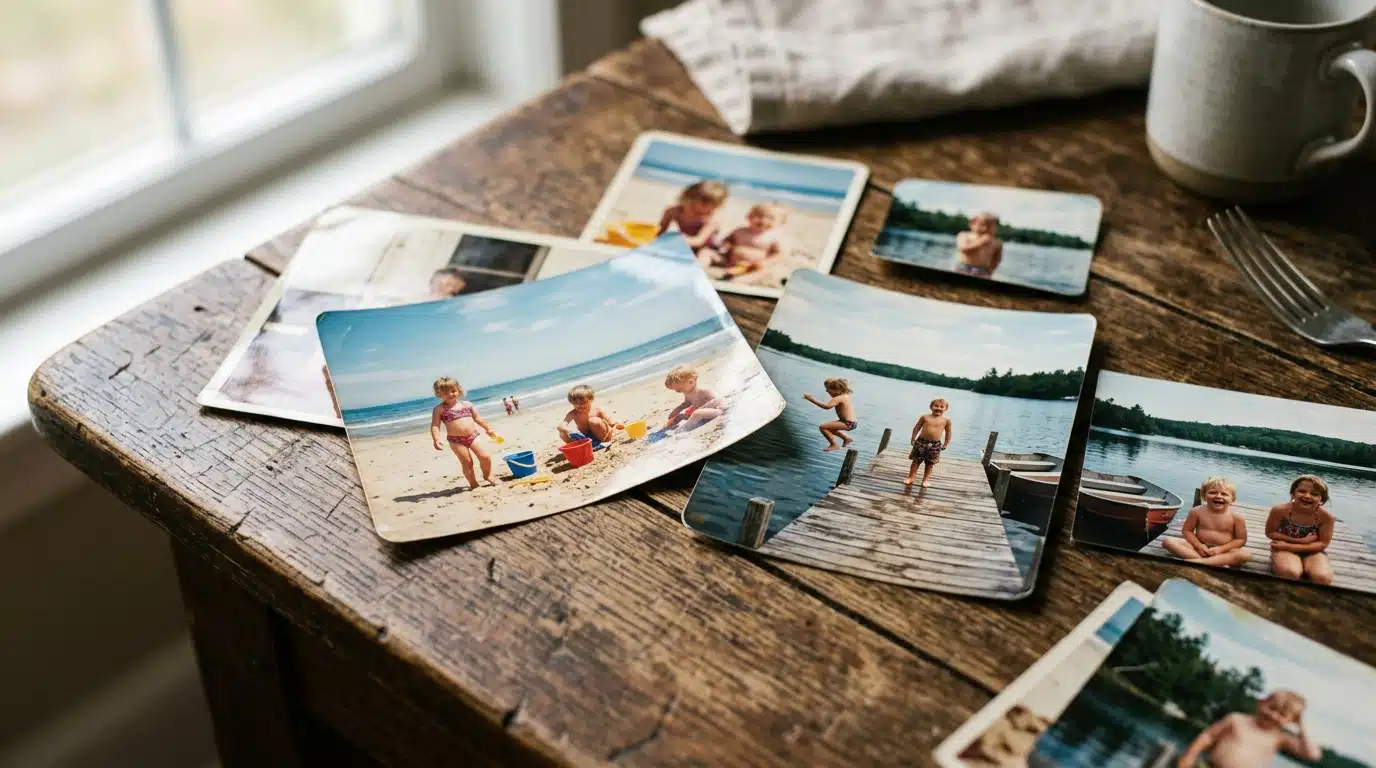 Vieilles photos de famille étalées sur une table