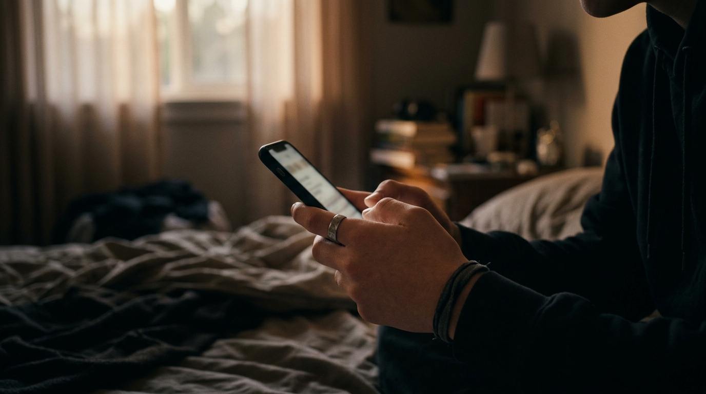 Mains d'adolescent tenant un smartphone dans une chambre sombre
