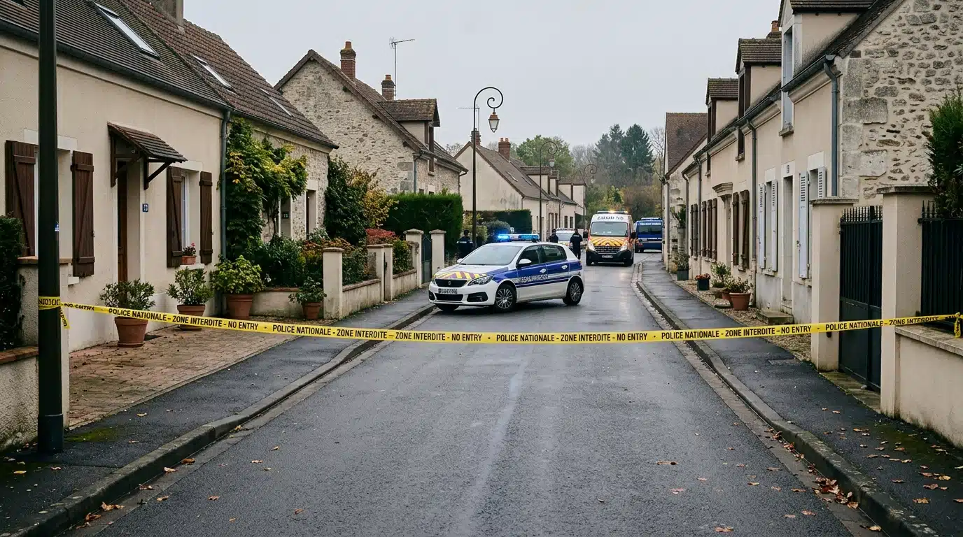 Rue bouclée par un cordon de police et gyrophares