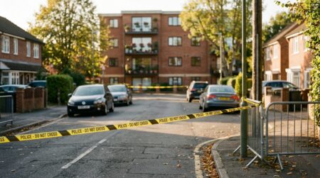 Ruban de sécurité devant un immeuble résidentiel évacué