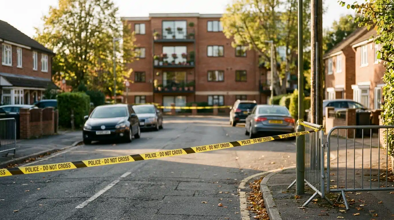 Ruban de sécurité devant un immeuble résidentiel évacué