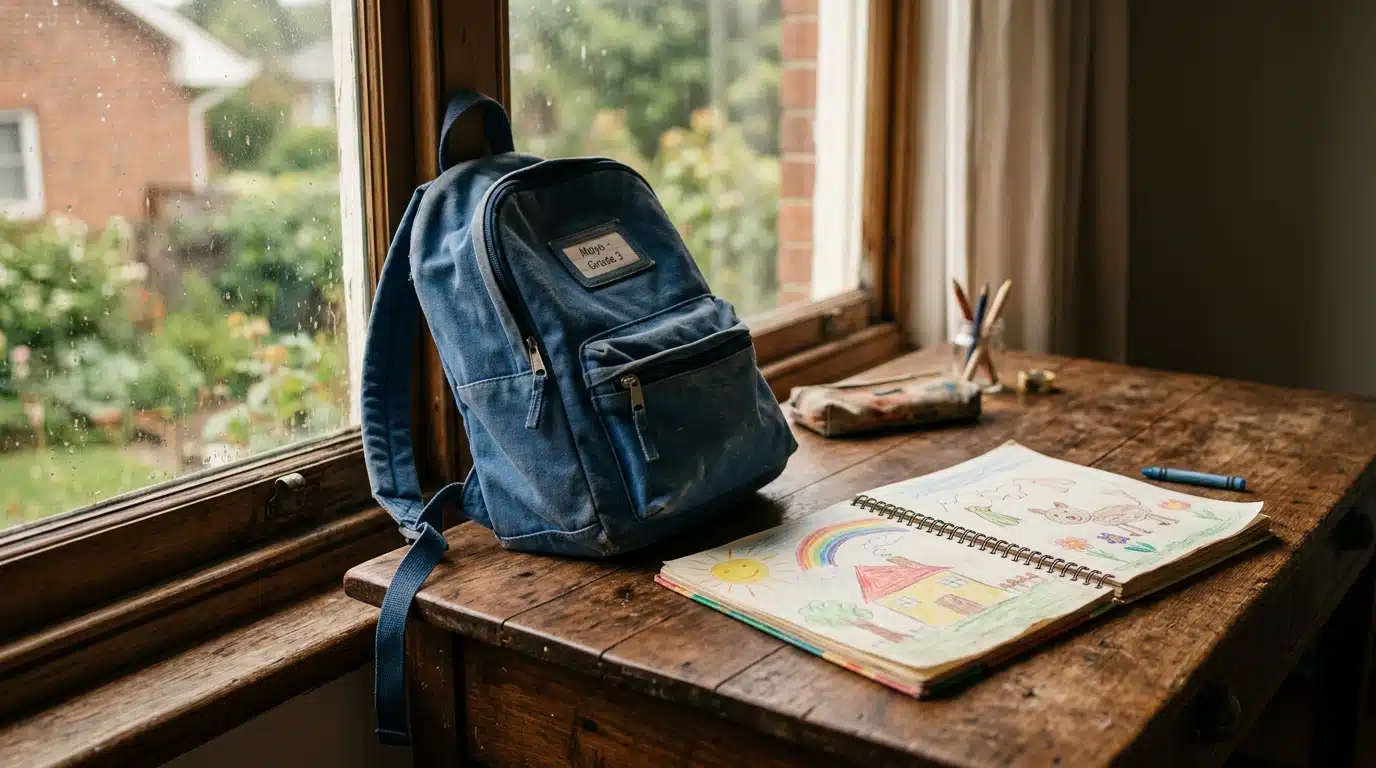 Cartable d'enfant posé sur un bureau près d'une fenêtre