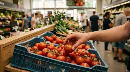 Caisse de tomates mûres et main hésitante au rayon