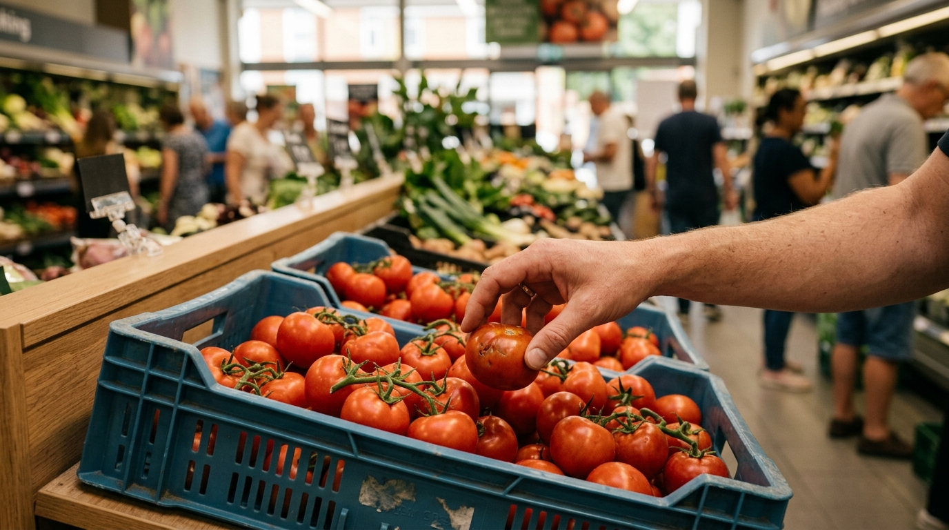 Caisse de tomates mûres et main hésitante au rayon