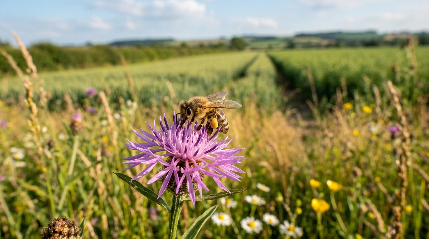 Abeille posée sur une fleur au bord d'un champ